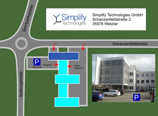 Lageplan mit Parkplätzen zur Anfahrt zur Firma Simplify Technologies GmbH